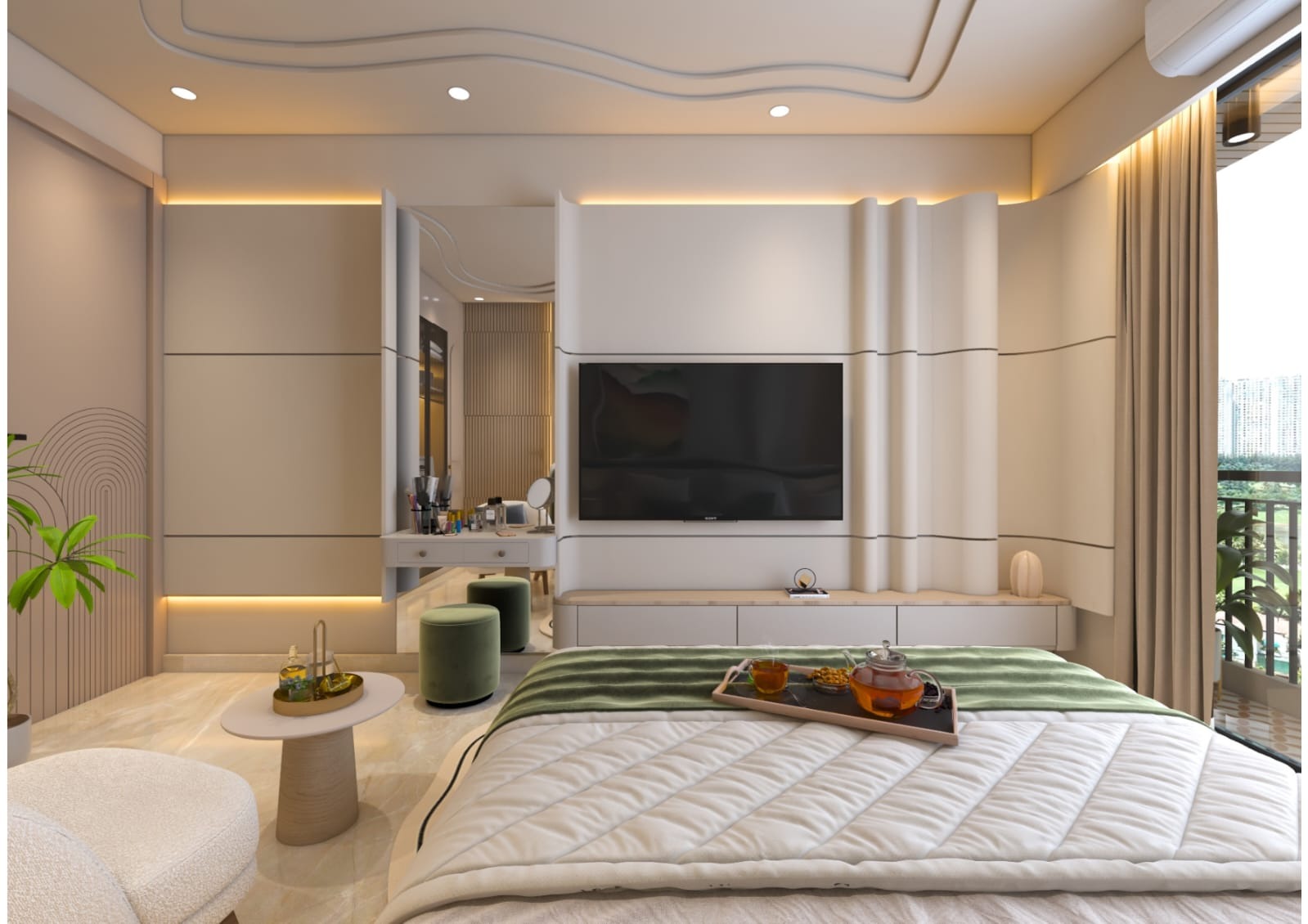 Bedroom design photo, ceiling border aur TV wall ka saamne se view