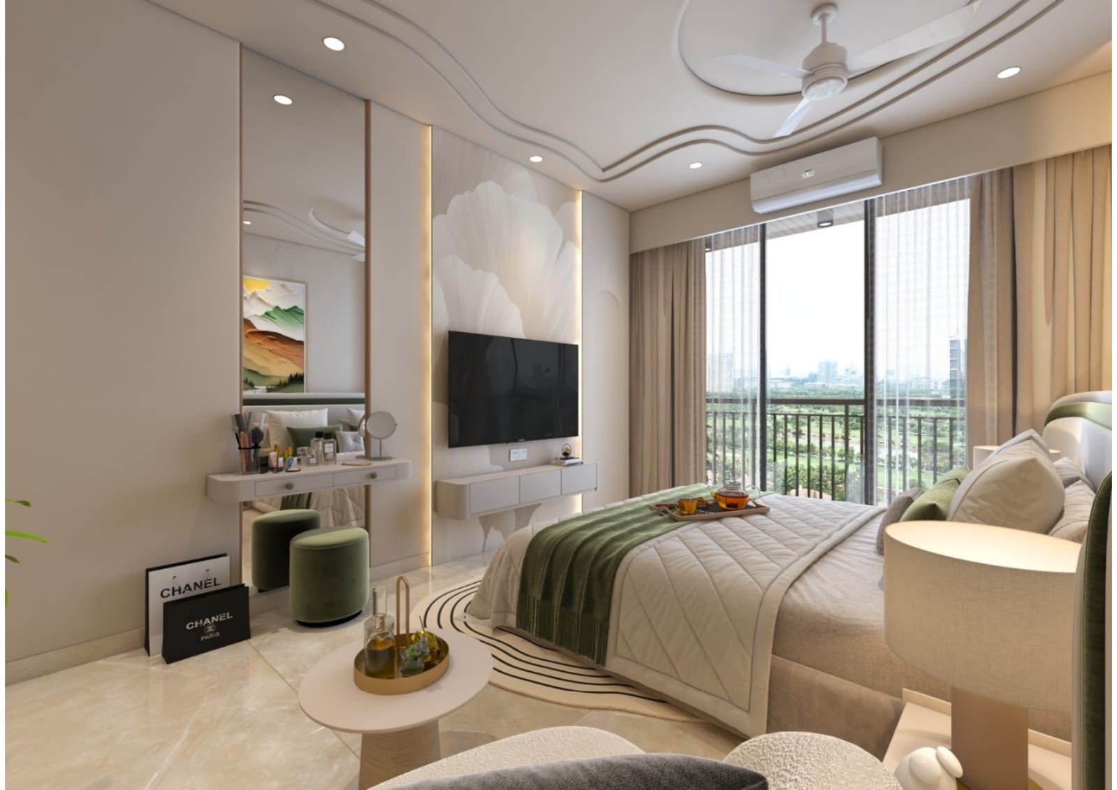 Bedroom design photo, curved ceiling aur lighting ke saath